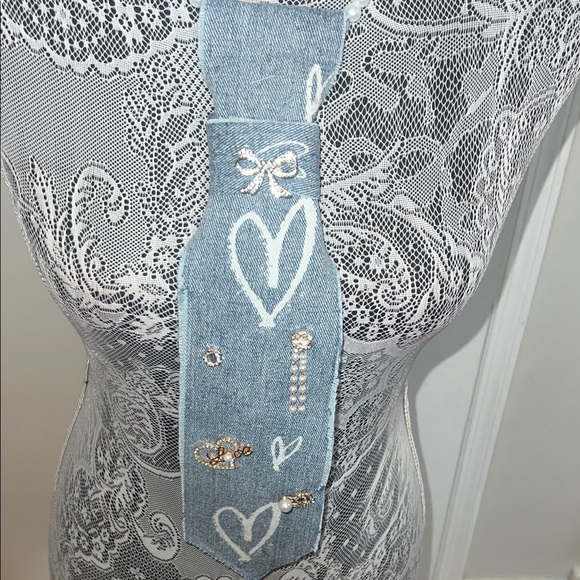 Hand Crafted Accessories - Denim Heart and Bow Embellished tie necklace